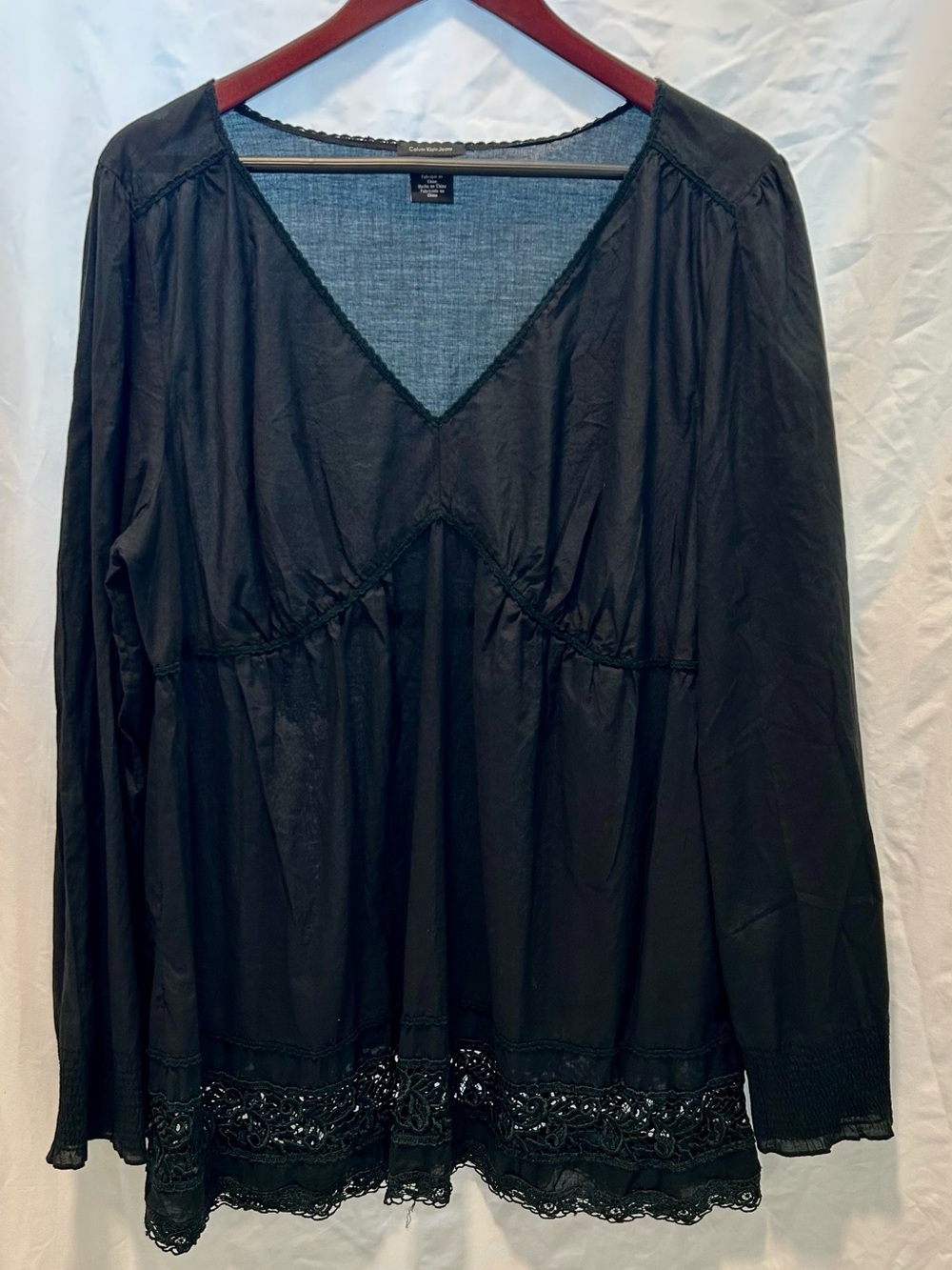 Calvin Klein Jeans Black Long Sleeve V-Neck Lace Trim Blouse